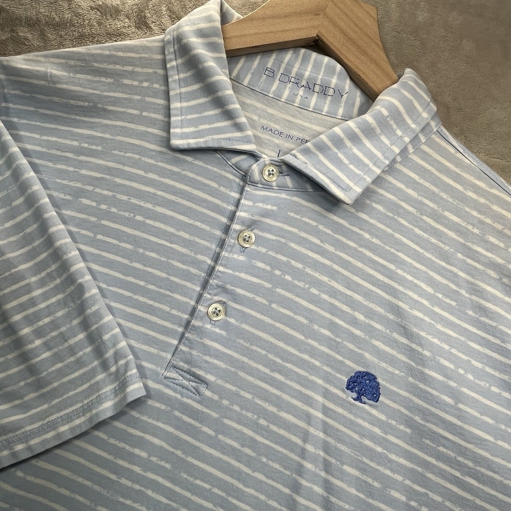 B Draddy‎ Polo Shirt Mens L Blue White Striped Cotton